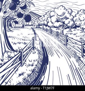 Strada di campagna, e una recinzione & meli, portando ad un meleto o country farm, circondata da colline. Illustrazione Vettoriale