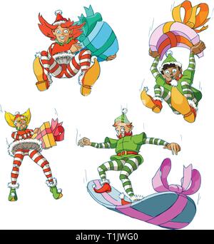 Maschio e femmina di elfi in pantaloni a strisce & stagionali uniformi portano presenta in varie forme Illustrazione Vettoriale