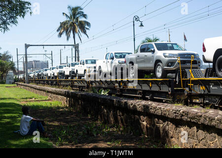 I veicoli Toyota Hilux vengono spostati in treno al porto di Durban, Sudafrica, 15 marzo 2019. IHLO/Rogan Ward Foto Stock