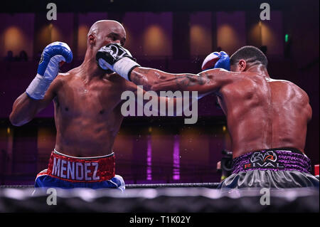 Oxon Hill, Maryland, Stati Uniti d'America. 24 Mar, 2019. ANTHONY PETERSON e ARGENIS MENDEZ exchange colpi durante il junior welterwweight corrispondono a MGM Porto Nazionale in Oxon Hill, Maryland. Credito: Amy Sanderson/ZUMA filo/Alamy Live News Foto Stock