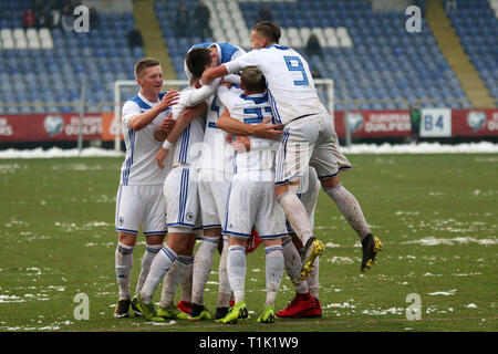 Sarajevo, Bosnia ed Erzegovina. 26 Mar, 2019. I giocatori della Bosnia e Erzegovina (BiH) celebrare un punteggio contro la Moldavia durante il match di qualificazione della UEFA U21 campionato a Sarajevo, Bosnia ed Erzegovina, il 26 marzo 2019. La BiH ha vinto 4-0. Credito: Nedim Grabovica/Xinhua/Alamy Live News Foto Stock