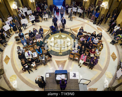 San Paolo, Minnesota, Stati Uniti d'America. 27 Mar, 2019. Circa duecento persone sono venute alla Minnesota State Capitol al rally a sostegno dei sopravvissuti di violenza domestica e due chiamate per il passaggio di due bollette in Minnesota legislatura. HF464 dovrebbe investire nella programmazione di intervento per gli autori delle violenze domestiche e HF479 supporta il finanziamento dello Stato per la violenza domestica la prevenzione in sotto servita europee. Credit: Jack Kurtz/ZUMA filo/Alamy Live News Foto Stock