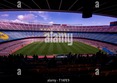 Interno dello stadio sorge e di spazi interni Camp Nou a Barcellona Spagna Foto Stock