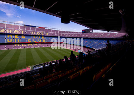 Interno dello stadio sorge e di spazi interni Camp Nou a Barcellona Spagna Foto Stock