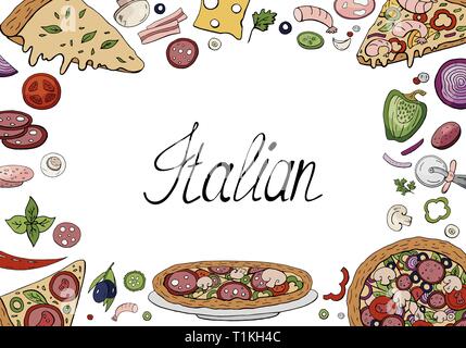 Set di disegnati a mano il cibo italiano elementi isolati su sfondo bianco Illustrazione Vettoriale