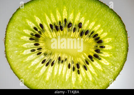 Fetta di kiwi con retroilluminazione, close-up foto di un kiwi, materie frutta verde. Foto Stock