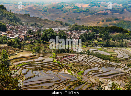 Vista aerea di Yuanyang terrazze di riso nella prefettura di Honghe nel sud-est della provincia di Yunnan in Cina Foto Stock