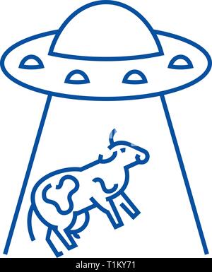 Ufo tenendo cow icona linea concept. Ufo tenendo mucca piatto simbolo del vettore, segno, illustrazione di contorno. Illustrazione Vettoriale