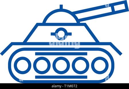 Serbatoio di guerra icona linea concept. Serbatoio di guerra piatto simbolo del vettore, segno, illustrazione di contorno. Illustrazione Vettoriale