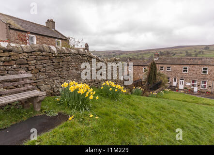 Vista pittoresca del villaggio di Reeth in Swaledale,North Yorkshire mostra case a schiera,hills,i muri di pietra e fiori Foto Stock