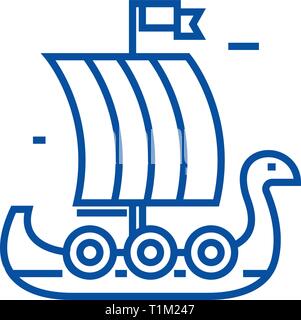 In legno nave viking line icona concetto. In legno nave vichinga piatto simbolo del vettore, segno, illustrazione di contorno. Illustrazione Vettoriale