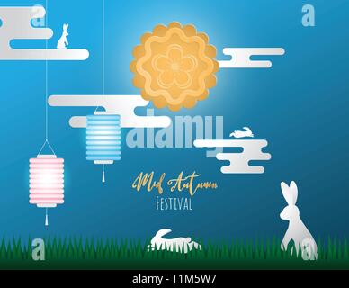 Illustrazione creativa cinese felice metà festa d'autunno. Il design del vettore per banner, sfondo, poster, invito, pubblicità. Mooncake con lan Illustrazione Vettoriale