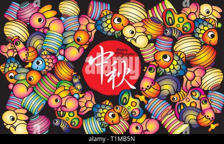 Metà autunno design Festival con lanterne colorate, le parole cinesi significa felice metà Festa d'autunno. Illustrazione Vettoriale