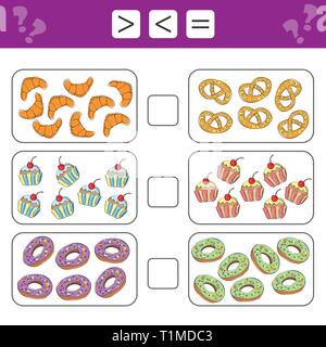Educativo gioco matematico per i bambini. Il conteggio di apprendimento scegliere più, meno o uguale Illustrazione Vettoriale