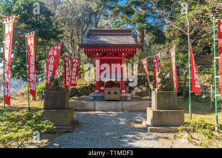 Kamakura, Kanagawa, Giappone - 16 Novembre 2017 : Nobori banner, Inari fox custodi, Saisenbako(confezione offerta)a Kuzuharaoka santuario situato nel grou Foto Stock