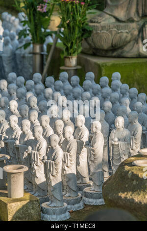 Righe di vecchi Jizo Bosatsu statue raggruppate in prossimità Jizo-fare Hall a Haze-dera o-Hase Kannon. Situato a Kamakura, nella prefettura di Kanagawa, Giappone Foto Stock