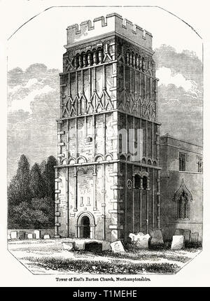 Torre di Earls Barton Chiesa, Northamptonshire, Illustrazione da John Cassell è illustrata la storia dell'Inghilterra, Vol. Ho fin dai primissimi tempi al regno di Edward il quarto, Cassell Petter e Galpin, 1857 Foto Stock