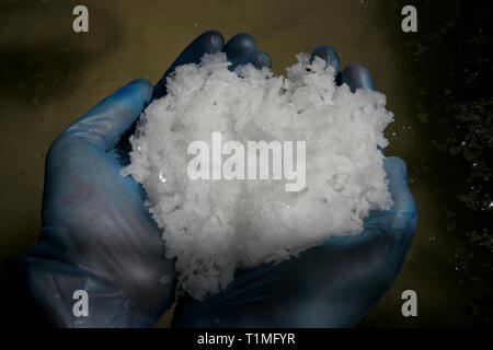 Un lavoratore mostra raccolti di fresco sale da una delle saline utilizzato per raccogliere l'acqua di mare presso la Anglesey Sea Salt Company a Brynsiencyn. L'acqua contiene normalmente tre per cento sale ma una volta che è distillato e riscaldata questo sorge a circa 15 per cento. La pala di lavoratori di depositi di sale nei vassoi prima di lavaggio e di asciugatura. È dalle acque dell'Oceano Atlantico che circonda l'isola che la Anglesey Sea Salt Company scarichi acqua di mare per rendere il suo organico sale marino prodotti. Foto Stock