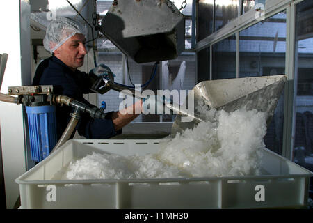 Un lavoratore sale di raccolta da una delle saline utilizzato per raccogliere l'acqua di mare presso la Anglesey Sea Salt Company a Brynsiencyn. L'acqua contiene normalmente tre per cento sale ma una volta che è distillato e riscaldata questo sorge a circa 15 per cento. La pala di lavoratori di depositi di sale nei vassoi prima di lavaggio e di asciugatura. È dalle acque dell'Oceano Atlantico che circonda l'isola che la Anglesey Sea Salt Company scarichi acqua di mare per rendere le sue sale di mare prodotti. Foto Stock