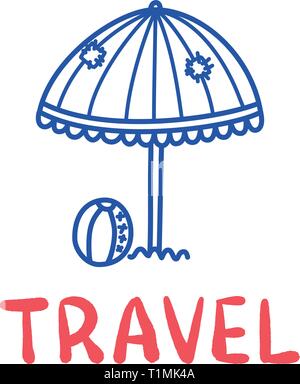 Cartoon travel ombrellone doodle scritte per il disegno del decoro. Il disegno di testo Illustrazione Vettoriale