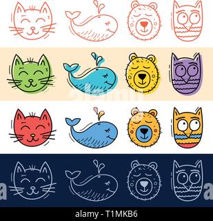 Disegnare a mano cat, OWL, balena, bear icon set in doodle stile per il design. Illustrazione Vettoriale