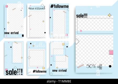 Set di 7 luminose modello modificabile per storie e flussi. Alla moda di colore blu ed elementi di Memphis. Illustrazione Vettoriale Illustrazione Vettoriale