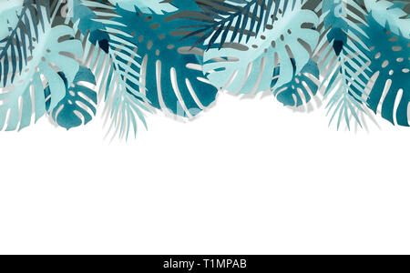 Vari tipi di carta blu turchese tropicale, lascia confine con ombra, isolati su sfondo bianco Foto Stock