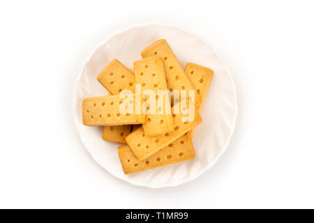 Una foto di biscotti shortbread Scozzesi biscotti al burro, girato dalla parte superiore su sfondo bianco Foto Stock