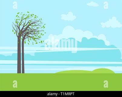 Alberi, erba verde e blu cielo piatto paesaggio. Estate Natura illustrazione. Illustrazione Vettoriale