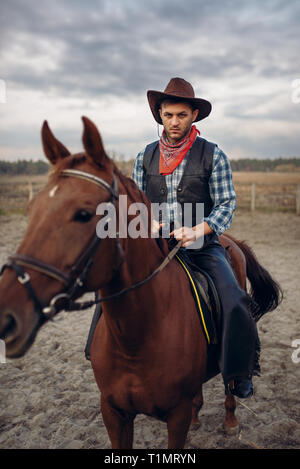 Cowboy in indumenti di cuoio Indumenti di cuoio in sella ad un cavallo in agriturismo Foto Stock