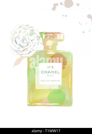 Chanel n. 5 illustrazione. chanel n. 5 la pittura. chanel n. 5 acquerello.chanel n. 5 stampa Foto Stock
