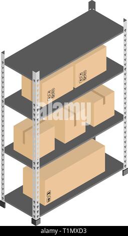 Metallo shelf di storage con scatole nel vettore isometrica design per self storage o il concetto di magazzino Illustrazione Vettoriale