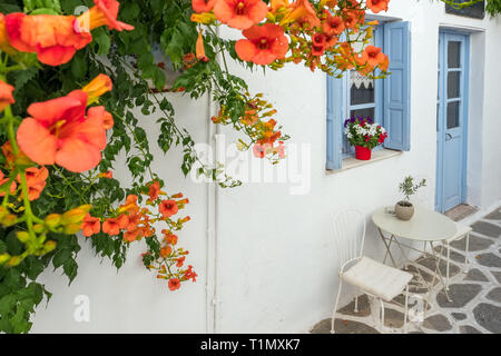 Vista di una stradina nel centro storico di Naoussa, isola di Paros, CICLADI Foto Stock