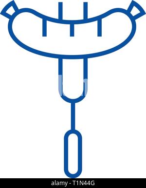 Salsicce alla griglia icona linea concept. Salsicce alla griglia piatto simbolo del vettore, segno, illustrazione di contorno. Illustrazione Vettoriale