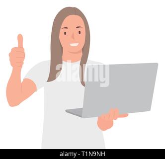 Cartoon persone character design giovane donna holding laptop e mostra Thumbs up felicemente. Ideale sia per la stampa e il web design. Illustrazione Vettoriale