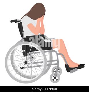 Cartoon persone character design triste giovane donna disabile seduto in una sedia a rotelle con entrambe le mani che coprono il suo volto. Ideale sia per la stampa e il web desi Illustrazione Vettoriale