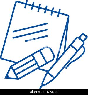 Le note con penna e matita icona linea concept. Le note con penna e matita piatto simbolo del vettore, segno, illustrazione di contorno. Illustrazione Vettoriale