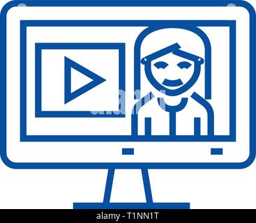 Tutorial online,l'istruzione in monitor icona linea concept. Tutorial online,l'istruzione in monitor piatto simbolo del vettore, segno, illustrazione di contorno. Illustrazione Vettoriale