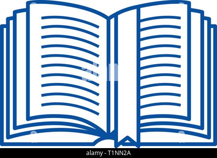 Libro aperto con tag line icona concetto. Libro aperto con tag piatto simbolo del vettore, segno, illustrazione di contorno. Illustrazione Vettoriale