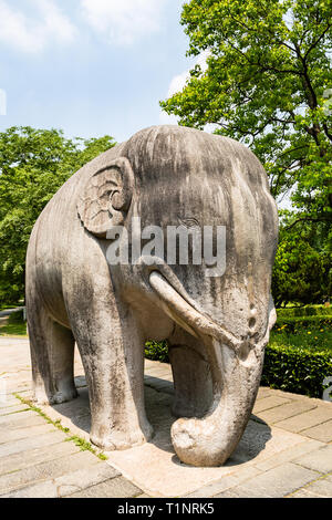 Statua di un elefante in via sacra in Ming Xiaoling Mausoleo, situato sul monte Zijin, Nanjing, provincia dello Jiangsu, Cina. Ming Xiaoling mausoleo Foto Stock