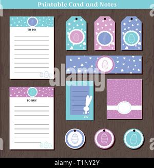 Grande set di Pasqua schede stampabili e note con i conigli e cuori. Illustrazione Vettoriale per la festa di Pasqua stampa e taglio di cartoline di auguri, inviti, lavoro Illustrazione Vettoriale