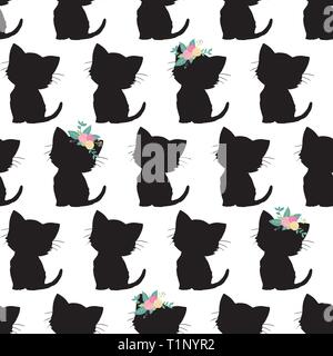 Motivo vettoriale senza cuciture con graziose sagome nere su sfondo nero. Design monocromatico per bambini. Gattino con fiori sulla testa. Per l'arredamento della camera dei bambini Illustrazione Vettoriale