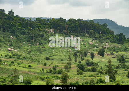 Scenario in Kulen montagne della Cambogia, con grandi massi imponenti circondato da lussureggiante vegetazione della giungla Foto Stock