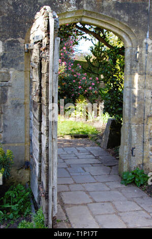 Il vecchio giardino di legno porta in una parete del giardino in Inghilterra. Foto Stock