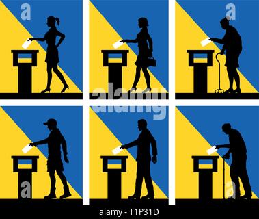 Cittadini ucraini votare alle elezioni in Ucraina. Tutti gli oggetti di silhouette e gli sfondi sono in diversi strati. Illustrazione Vettoriale