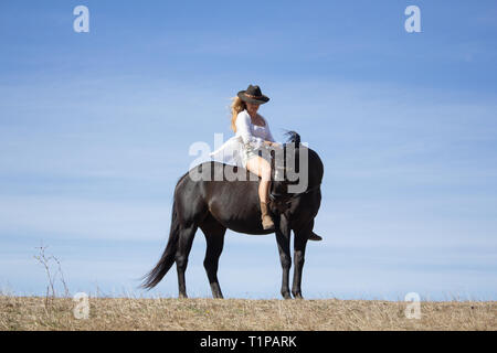 Per andare a cavallo. Solo a me, il mio cavallo e il mio cane. Questo è il modo in cui mi piace per sfuggire da tutto il mondo. Niente come una corsa da dimenticare Foto Stock