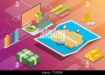 Macedonia isometrica economia aziendale la crescita paese con mappa e condizione delle finanze - vettore Illustrazione Vettoriale