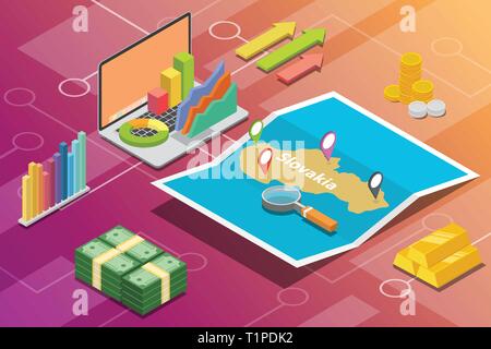 La Slovacchia isometrica economia aziendale la crescita paese con mappa e condizione delle finanze - vettore Illustrazione Vettoriale