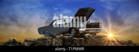 Auto d'epoca al tramonto. Il rendering 3D Foto Stock