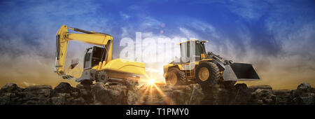 Costruzione di veicoli al tramonto. Il rendering 3D Foto Stock
